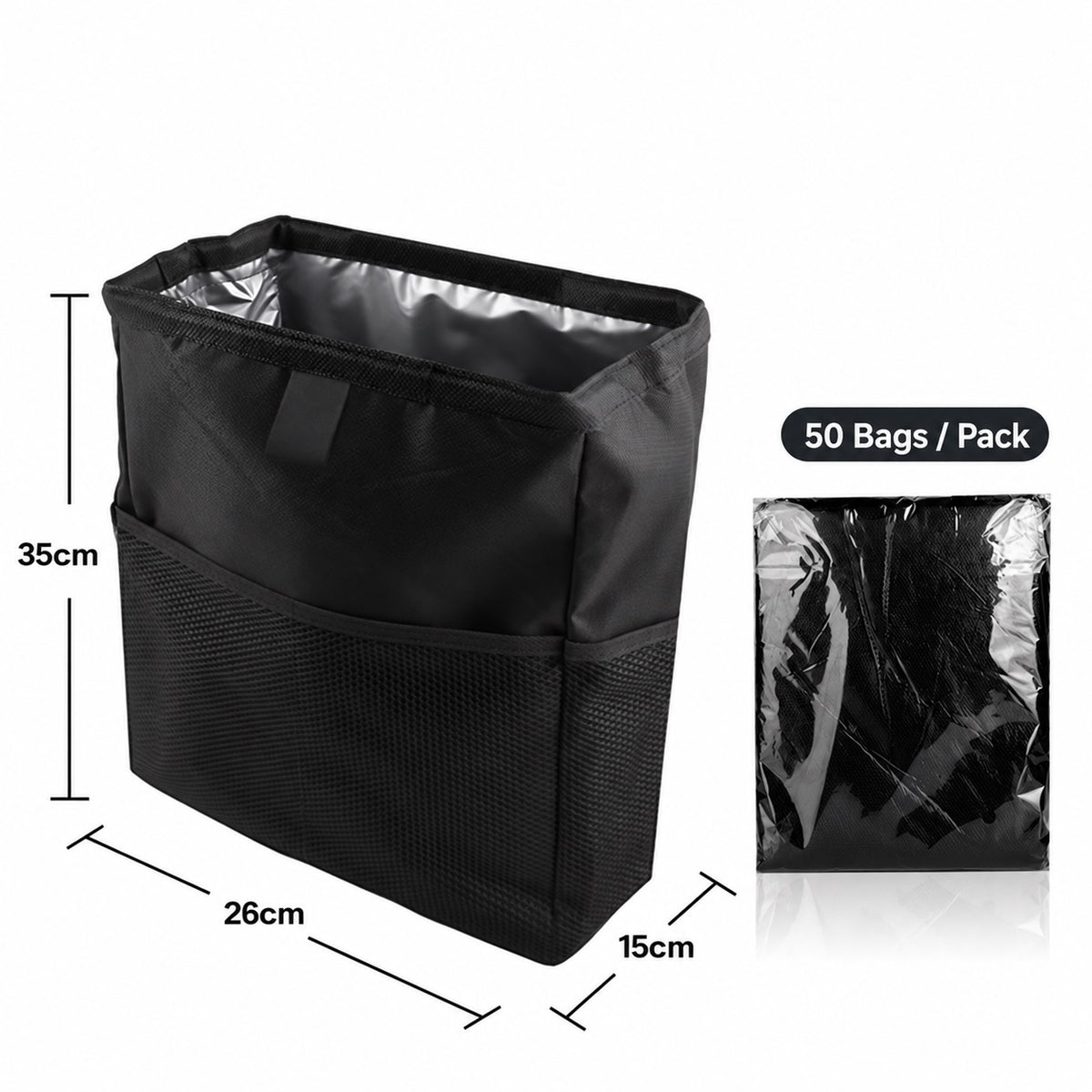 All black car organizer with 50 bags