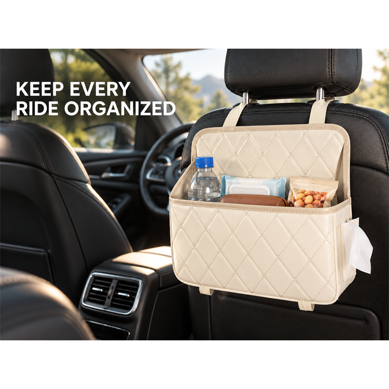Quilted Car Seat Hanging Organizer & Trash Bag with Tissue Pocket