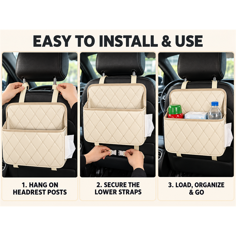 Quilted Car Seat Hanging Organizer & Trash Bag with Tissue Pocket