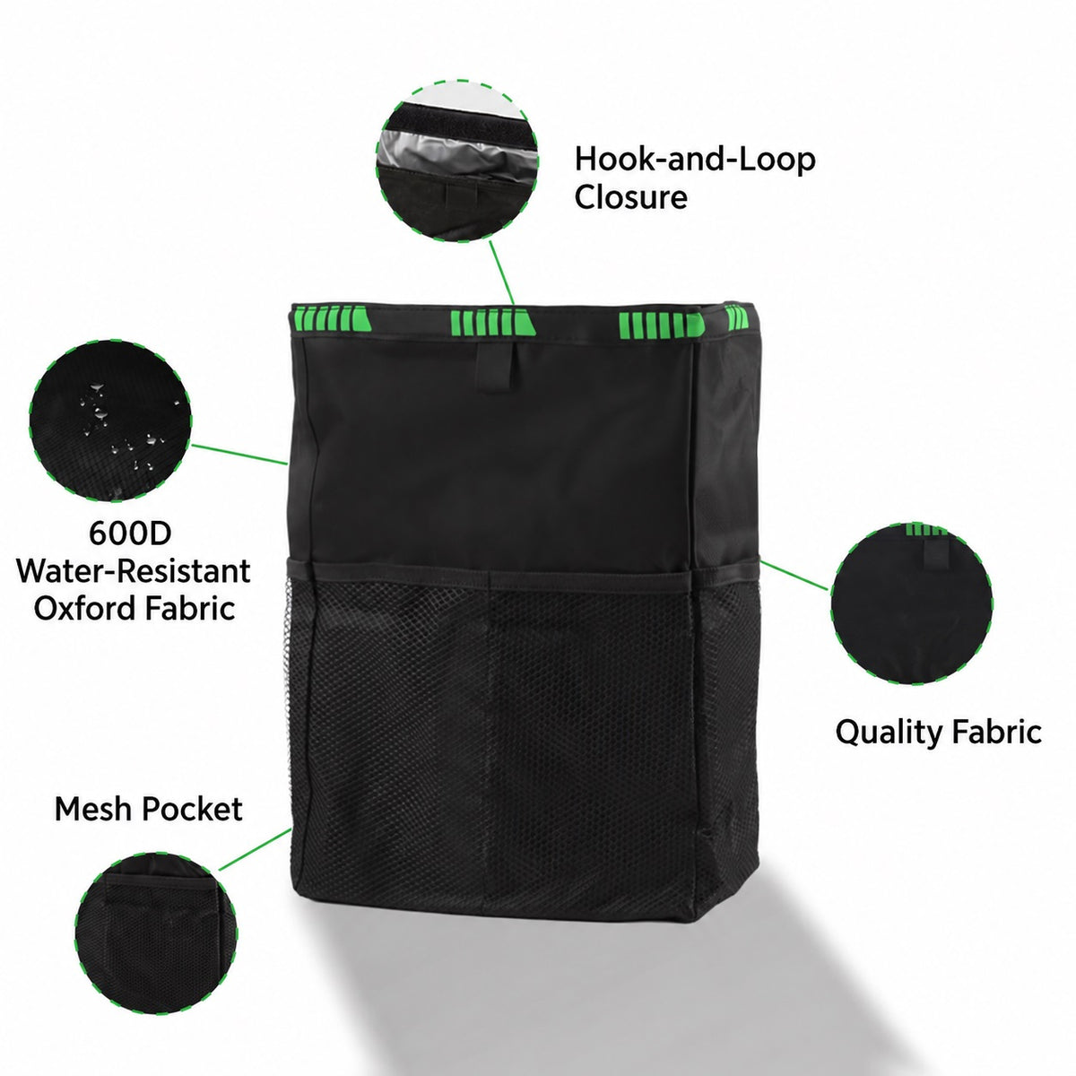 Green trim car organizer feature details