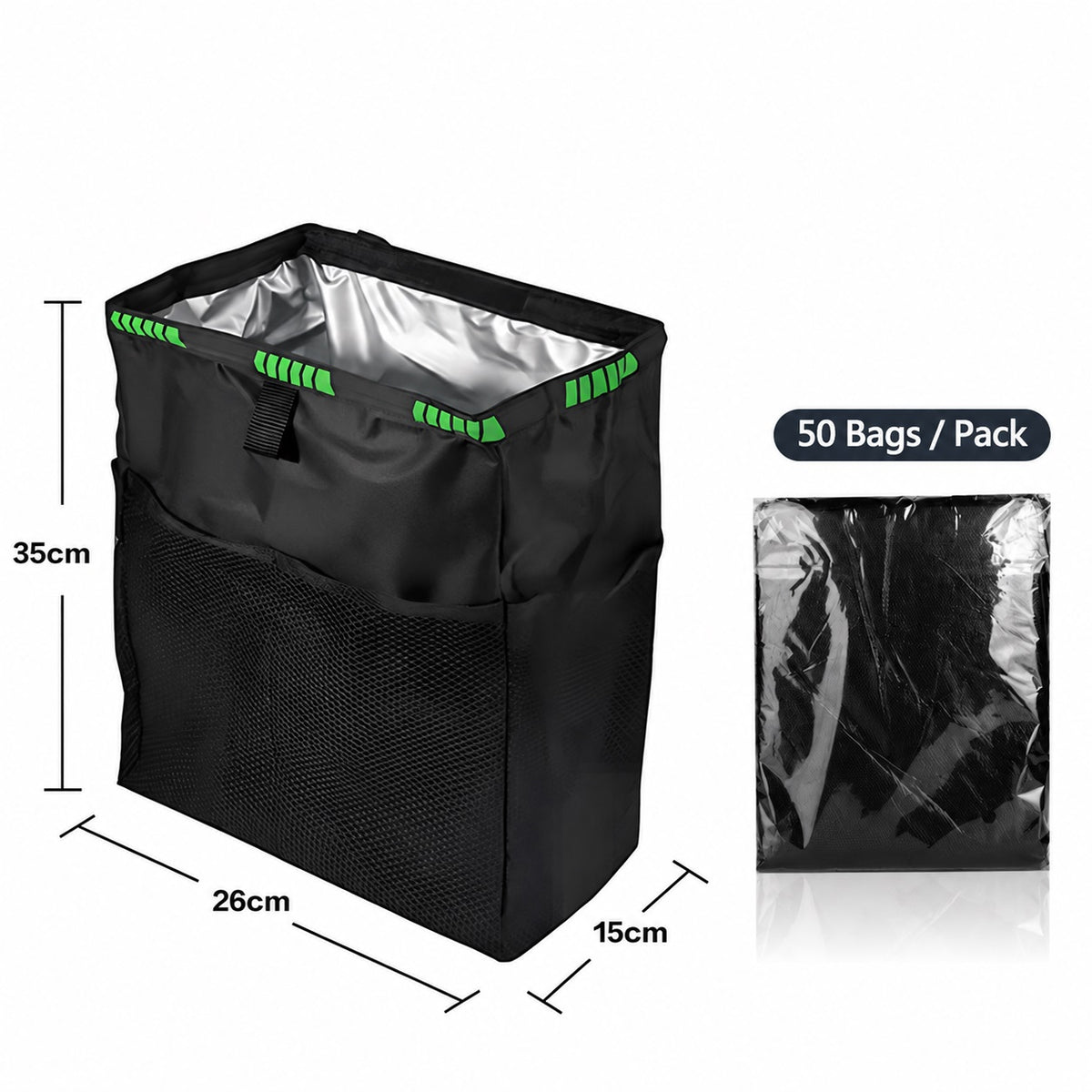 Green trim car organizer with 50 bags