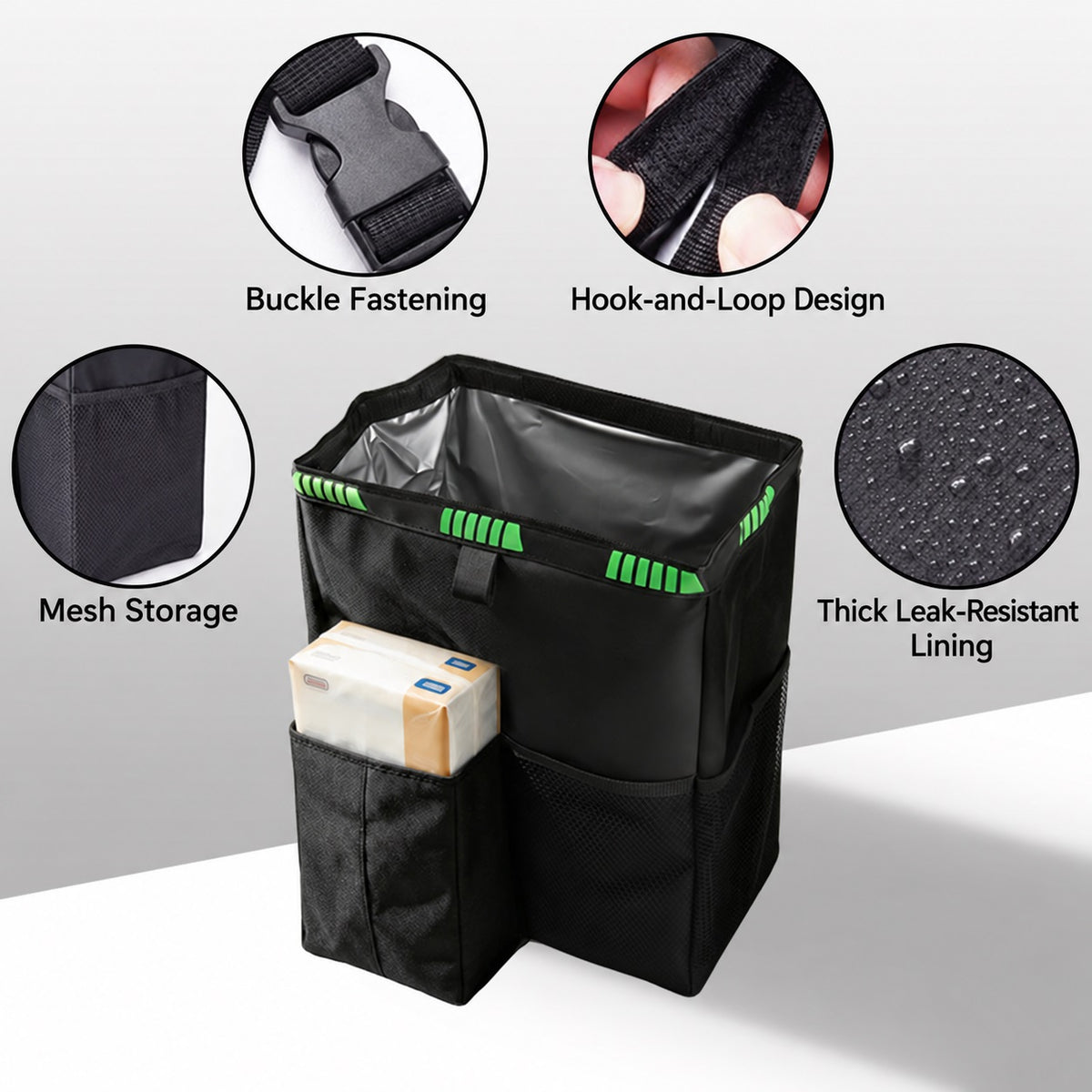 Car organizer buckle mesh pocket and lining details