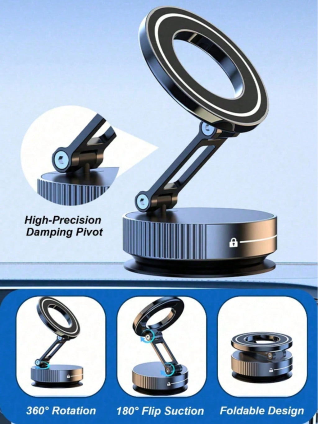 Multifunctional 360° 3-Axis Foldable MagSafe Car Phone Mount - Vacuum Magnetic Base, Supports Navigation, Compatible With All MagSafe Devices, Zinc Alloy Material, Multi-Angle Adjustment, Compact Foldable Design, No Damage To Car Interior
