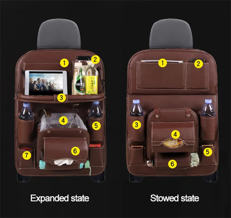 PU Leather Car Storage Bag Multifunction Seat Back Tray Hanging Bag Waterproof Car Organizer Automotive Interior Accessories