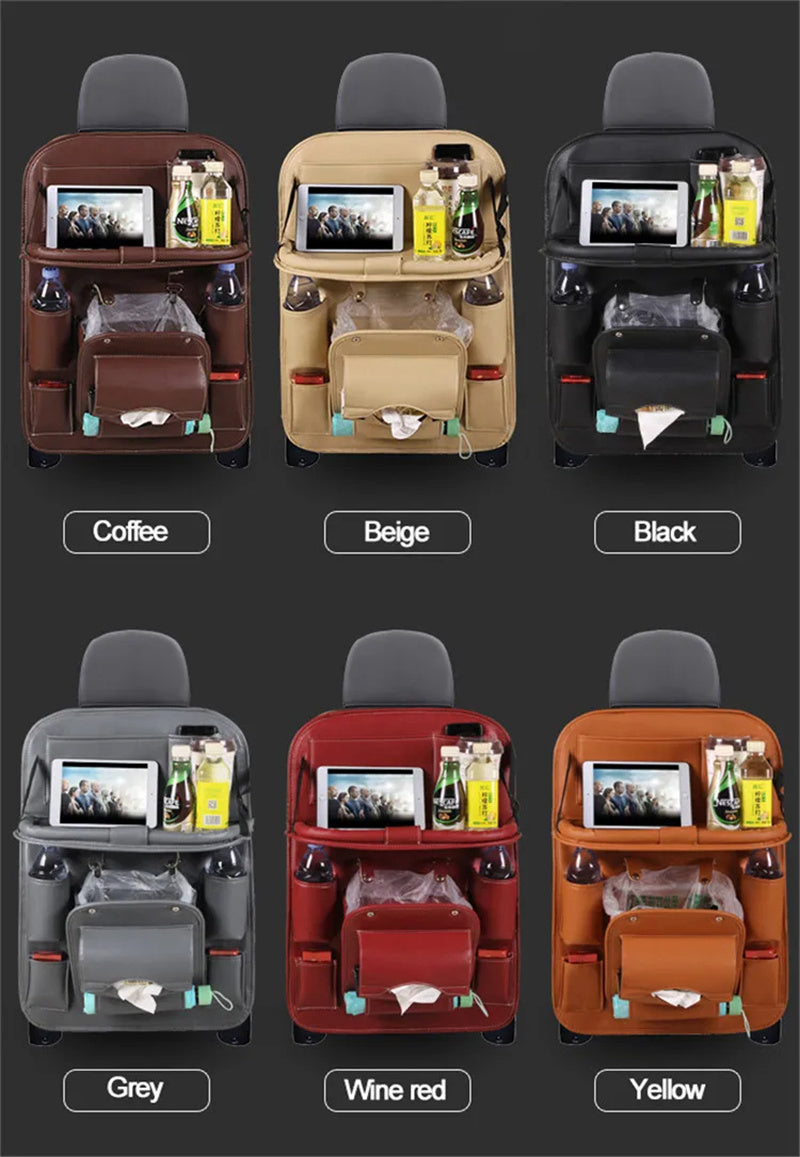 PU Leather Car Storage Bag Multifunction Seat Back Tray Hanging Bag Waterproof Car Organizer Automotive Interior Accessories