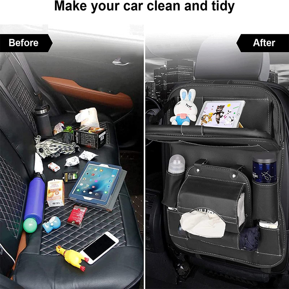 PU Leather Car Storage Bag Multifunction Seat Back Tray Hanging Bag Waterproof Car Organizer Automotive Interior Accessories