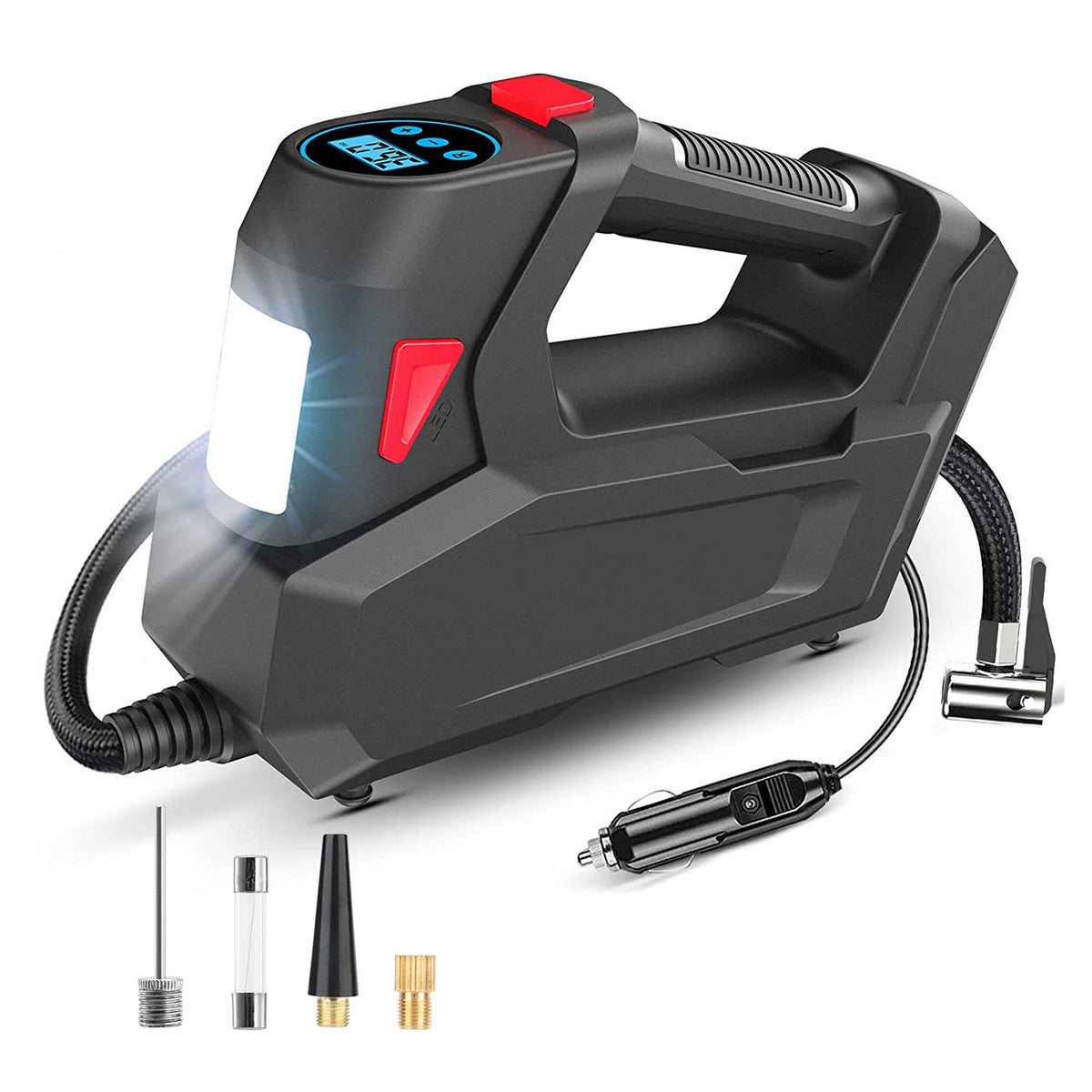 1Pc Portable Tire Inflator 120 PSI Maximum 90W Powered Tire Inflator With Digital Display LED Light Inflatable Nozzle Needle Fuse Air Compressor For Bikes Motorbikes Car Balls