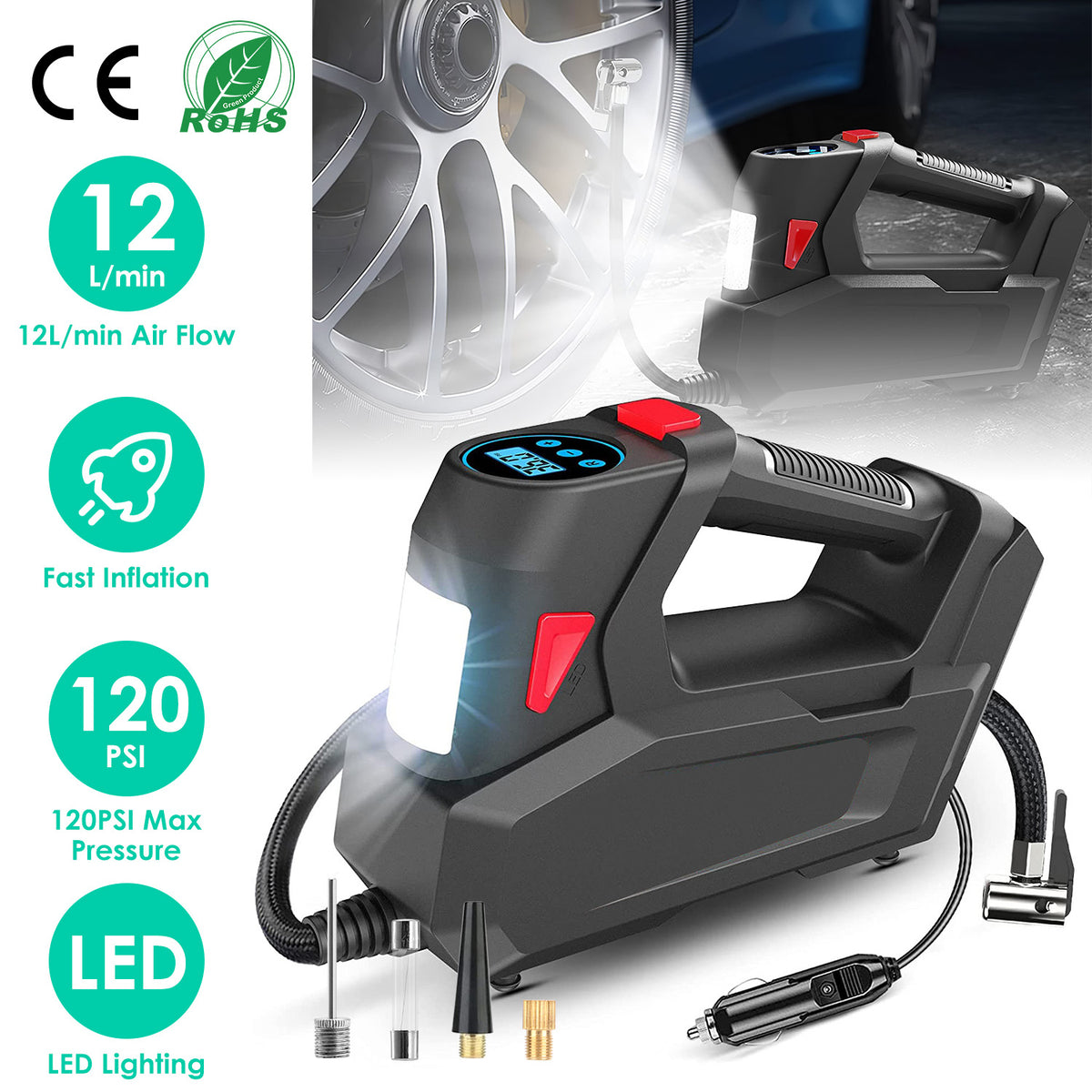1Pc Portable Tire Inflator 120 PSI Maximum 90W Powered Tire Inflator With Digital Display LED Light Inflatable Nozzle Needle Fuse Air Compressor For Bikes Motorbikes Car Balls
