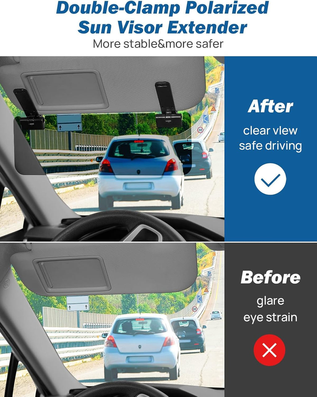 Sun Visor Extender for Cars, Polarized Sun Visor Extender Universal Sun Blocker UV400, Adjustable Visor Extension for Car Visor,Double-Clip,Anti Glare Stray Light
