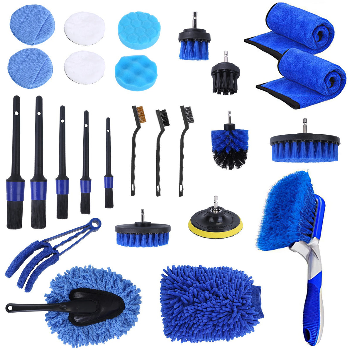 26Pcs Car Detailing Brush Kit Exterior Interior Car Cleaning Set Drill Brush Set Car Buffing Sponge Pads Kit For Cleaning Automobile Interior Exterior Wheels Dashboard
