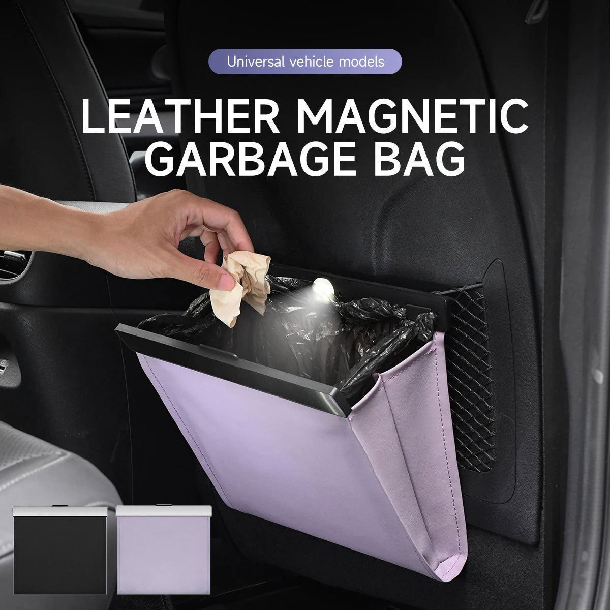 LED Light Car Trash Can with Magnetic Switch, Waterproof Hanging Seat Back Garbage Bag & Storage Organizer for Cars, SUVs and Trucks, Black/Purple