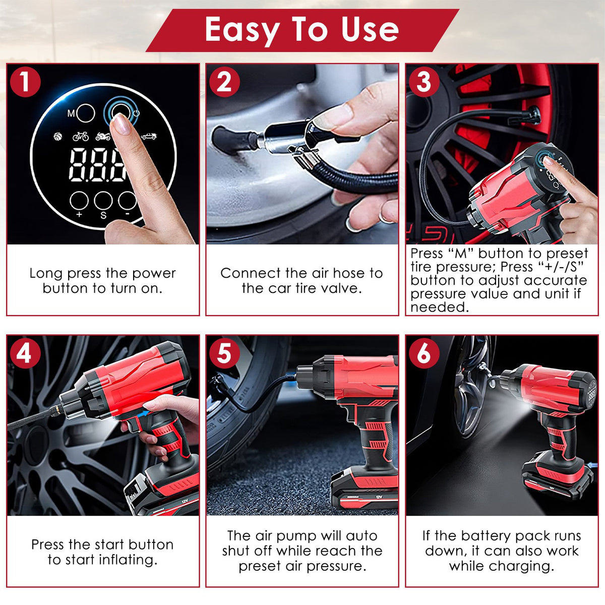 1Pc 150PSI Cordless Car Tire Inflator Rechargeable  2V Portable Electric Air Compressor With LED Light For Car Bike Motorcycle Ball