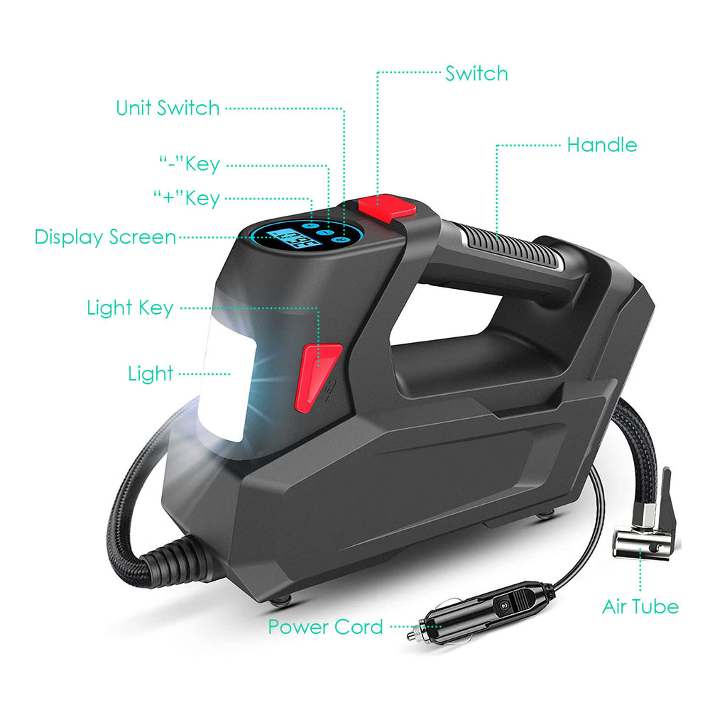 1Pc Portable Tire Inflator 120 PSI Maximum 90W Powered Tire Inflator With Digital Display LED Light Inflatable Nozzle Needle Fuse Air Compressor For Bikes Motorbikes Car Balls