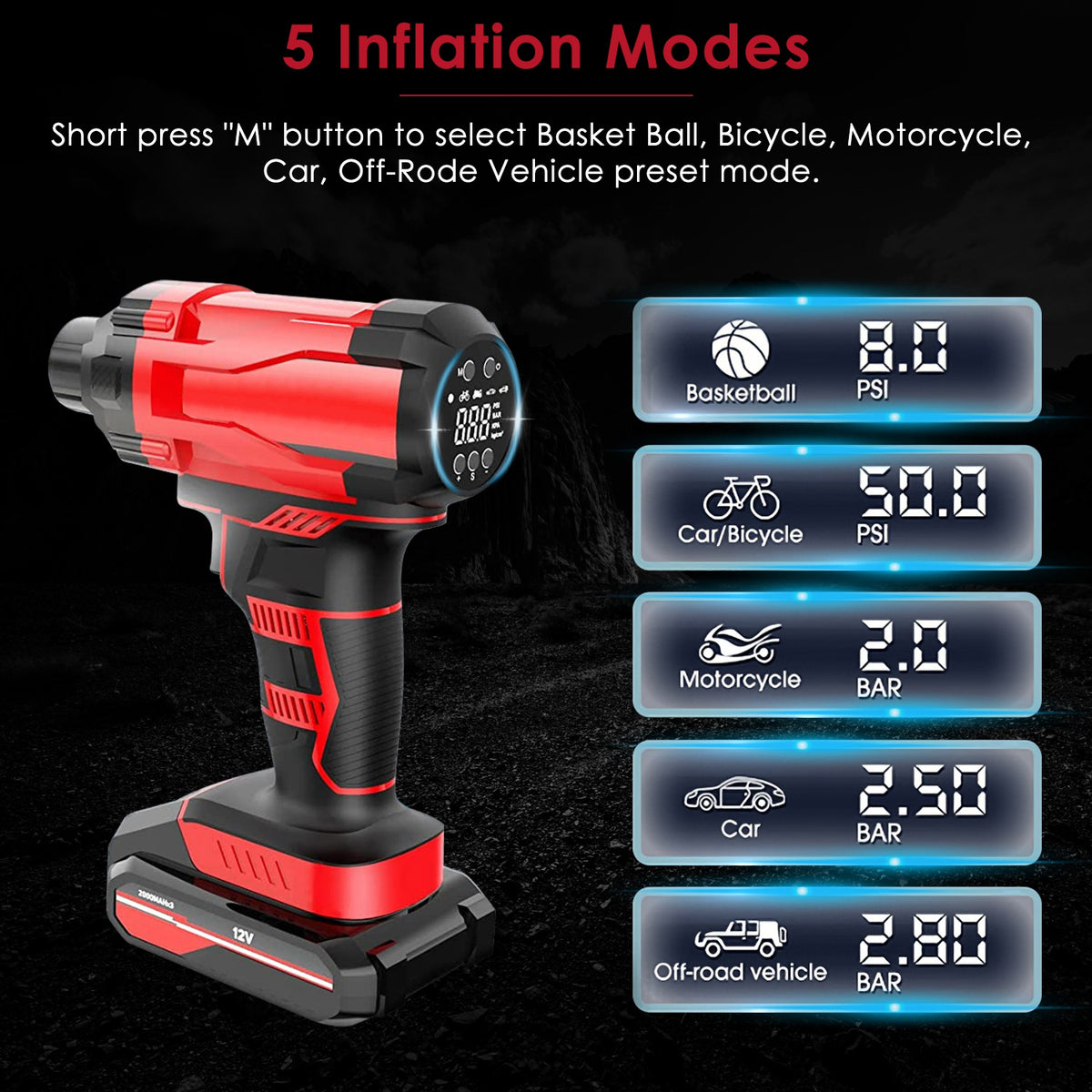 1Pc 150PSI Cordless Car Tire Inflator Rechargeable  2V Portable Electric Air Compressor With LED Light For Car Bike Motorcycle Ball