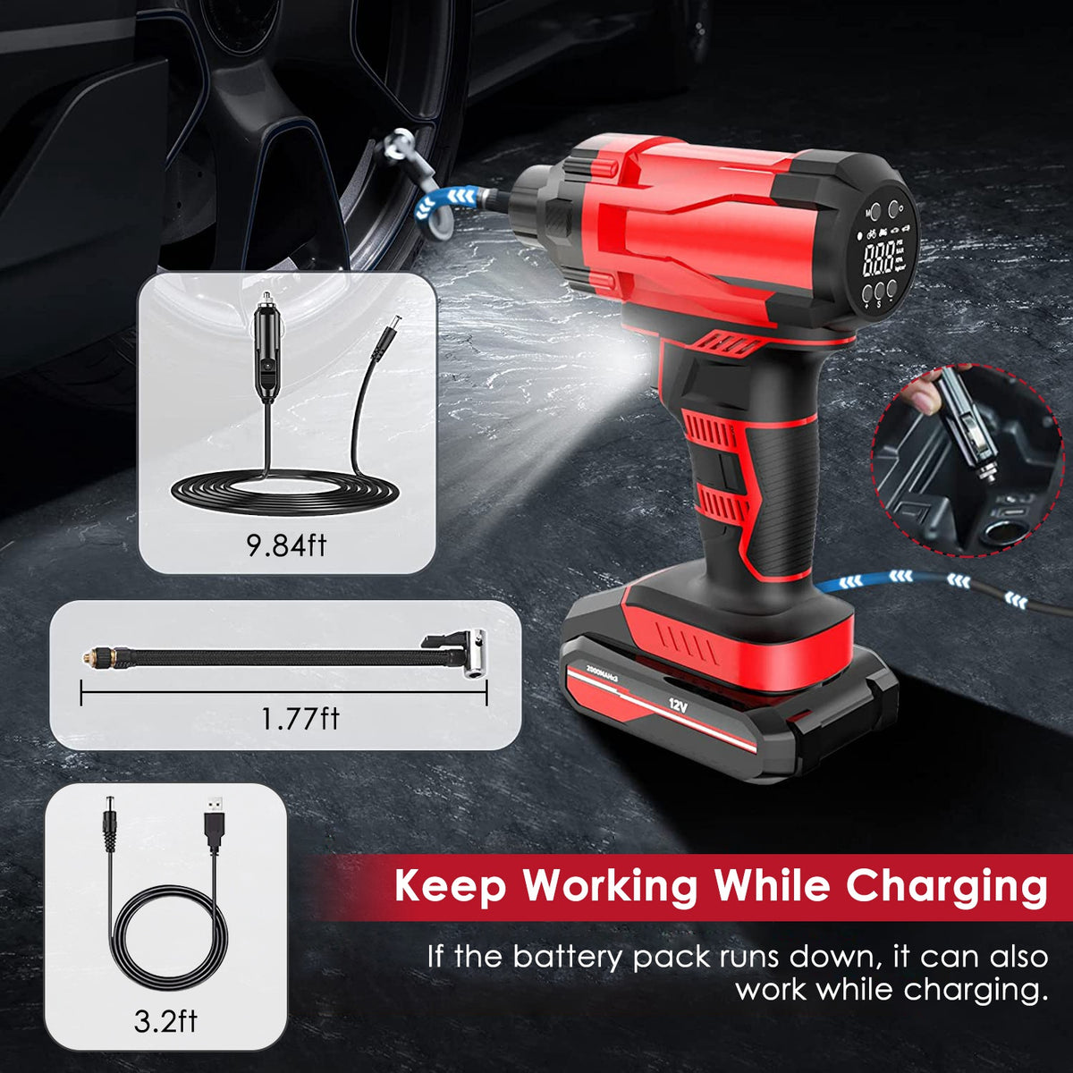 1Pc 150PSI Cordless Car Tire Inflator Rechargeable  2V Portable Electric Air Compressor With LED Light For Car Bike Motorcycle Ball