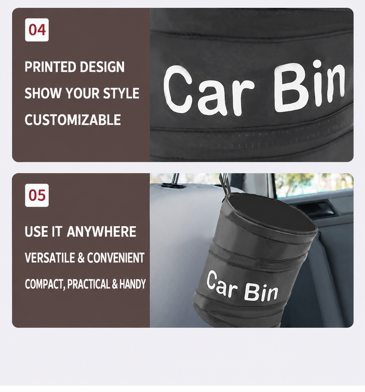 Collapsible Car Trash Can – Foldable In-Car Storage Bin for Front or Back Seats, Can Be Hung or Placed Upright