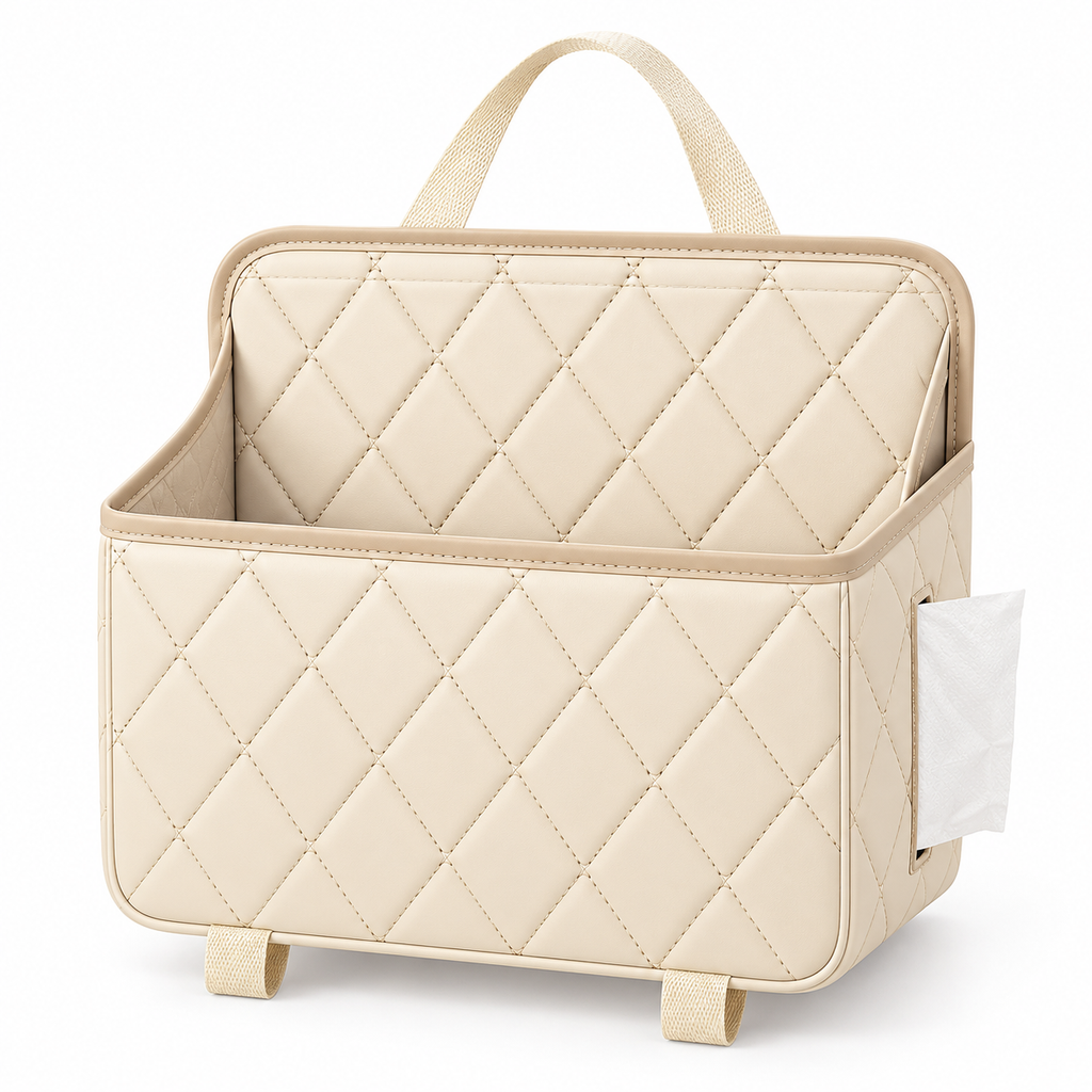 Quilted Car Seat Hanging Organizer & Trash Bag with Tissue Pocket